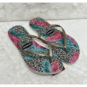 Havaianas Womens Slim Animal Print Leaf Floral Pink Beige Flip- Flops Size 11/12